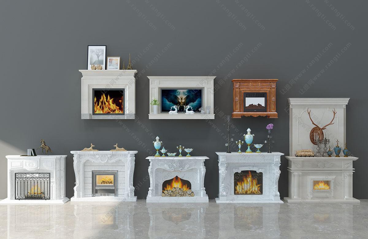 法式石材雕花壁炉,火焰,摆件3d模型下载