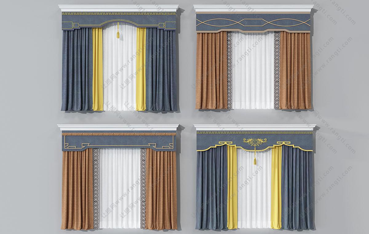 新中式套色窗帘,垂帘,中式元素窗幔3d模型下载