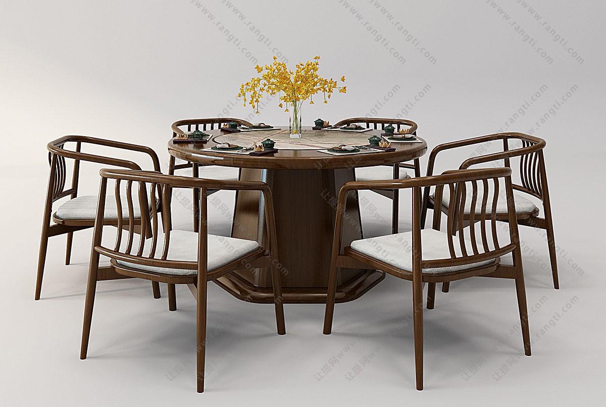 新中式圆形餐桌椅,圈椅组合3d模型下载