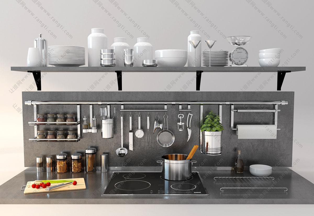 厨房燃气灶,调料瓶,墙挂厨具用品3d模型下载