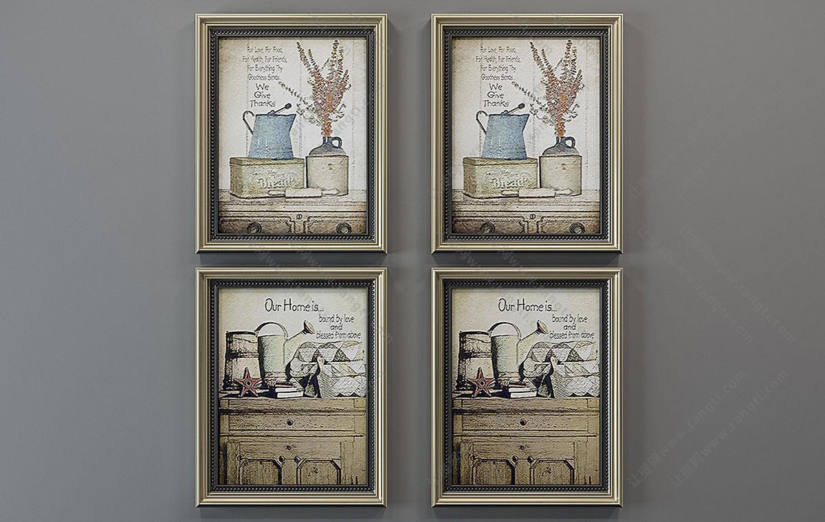 欧式金色边框装饰画,挂画3d模型下载