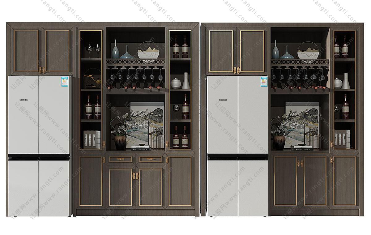 新中式嵌入冰箱的酒柜,红酒瓶组合3d模型下载
