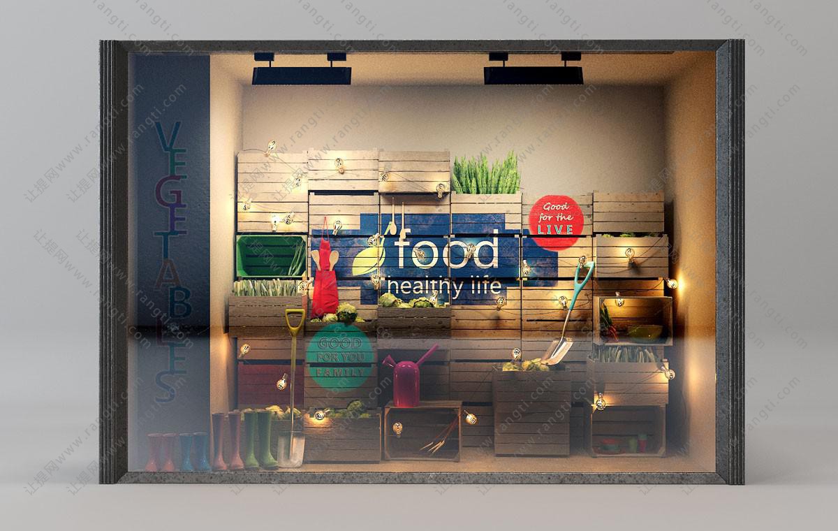 超市百货店蔬菜食物铁锨展示台橱窗3d模型下载