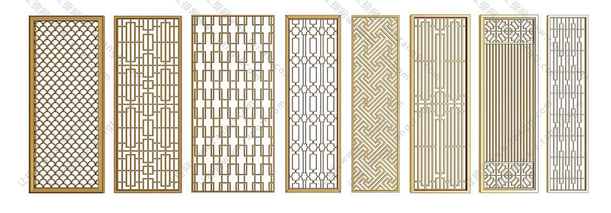 新中式金属框架鱼鳞栅格造型屏风隔断3d模型下载