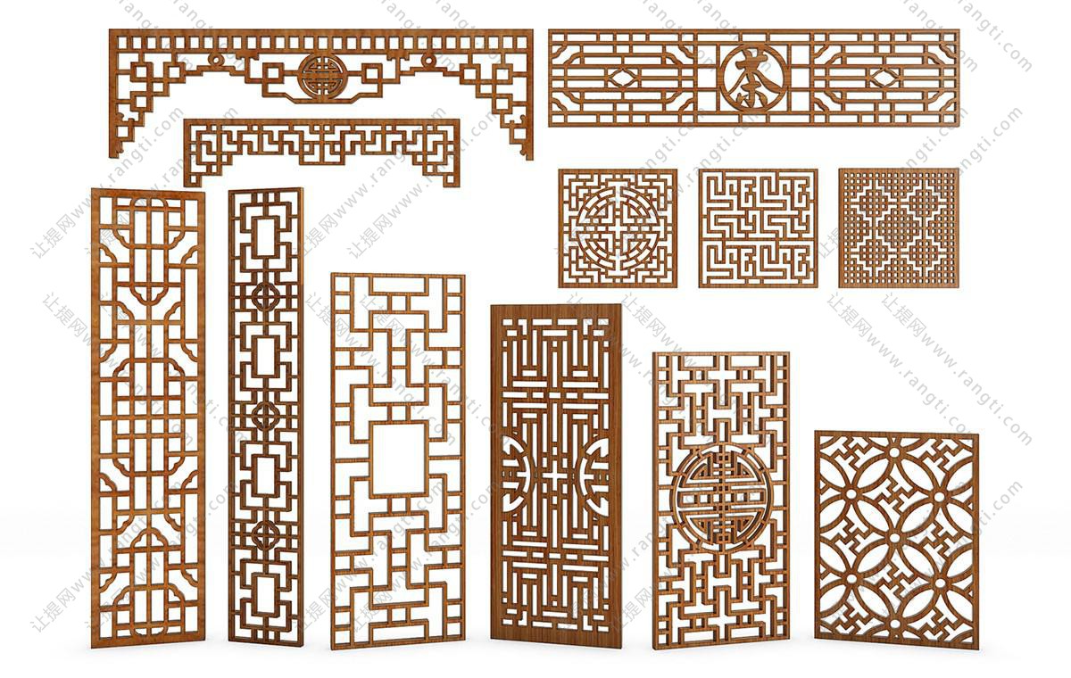中式花格屏风隔断组合3d模型下载