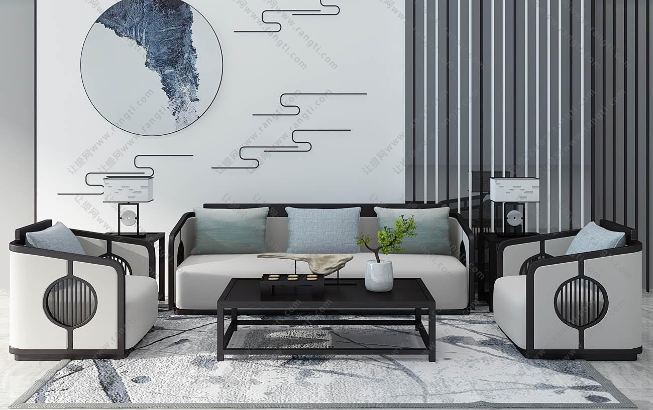 新中式沙发,茶几和装饰画组合3d模型下载