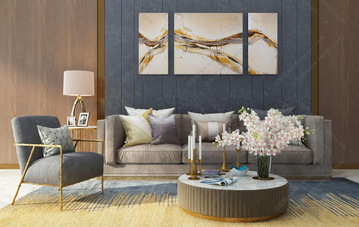 现代客厅沙发,茶几,休闲椅和装饰画组合3d模型下载