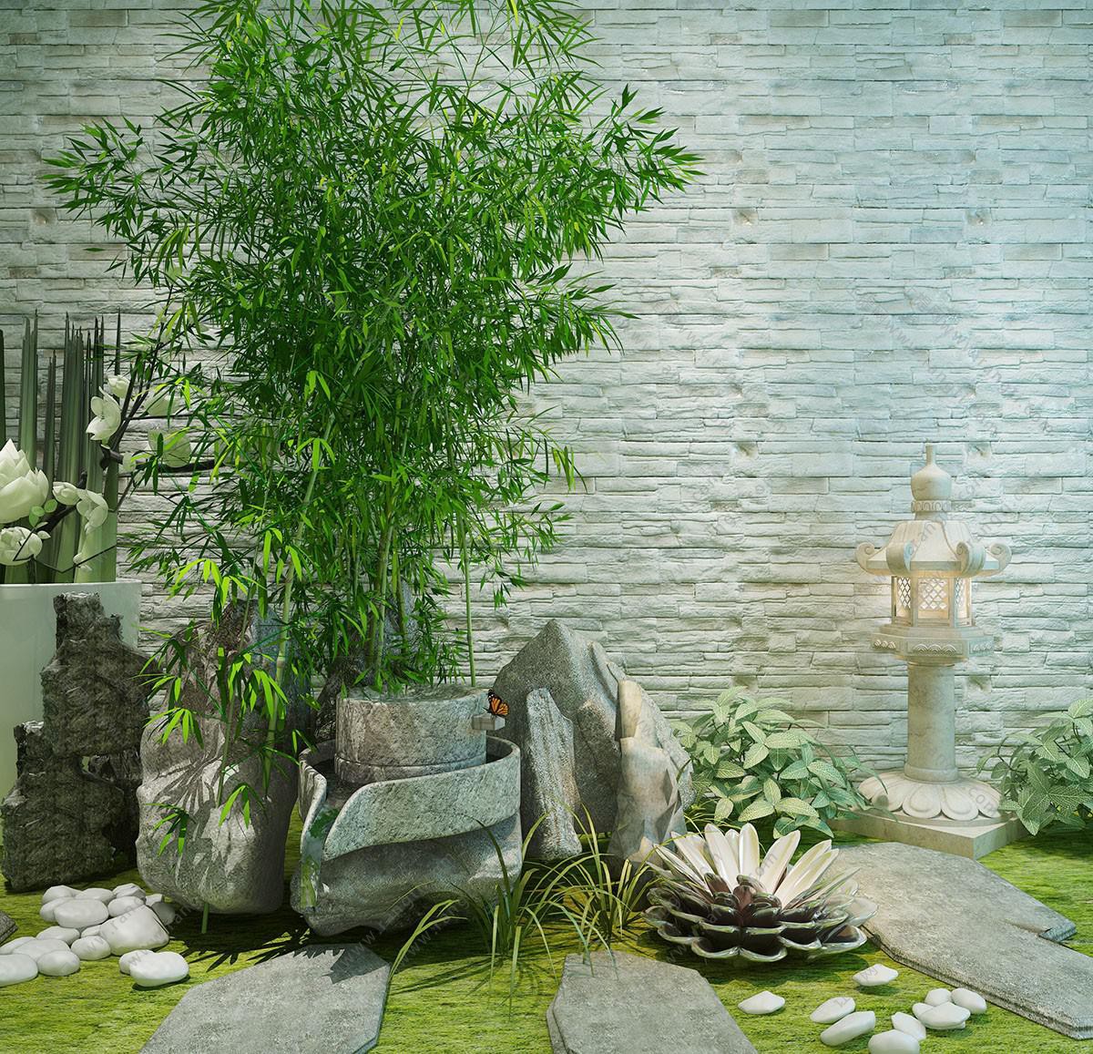 中式文化背景墙,假山和水磨庭院景观小品3d模型下载
