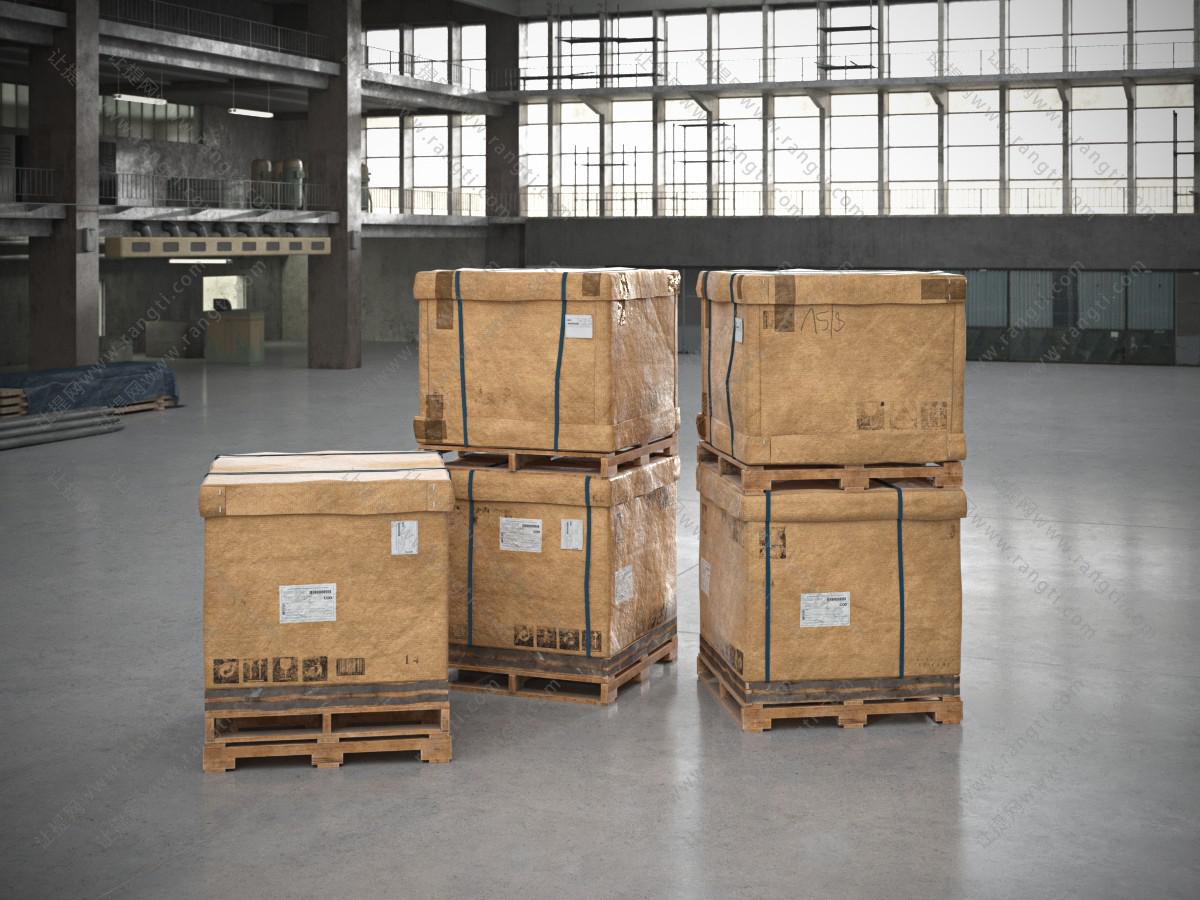 仓库五箱货物,包装箱3d模型下载