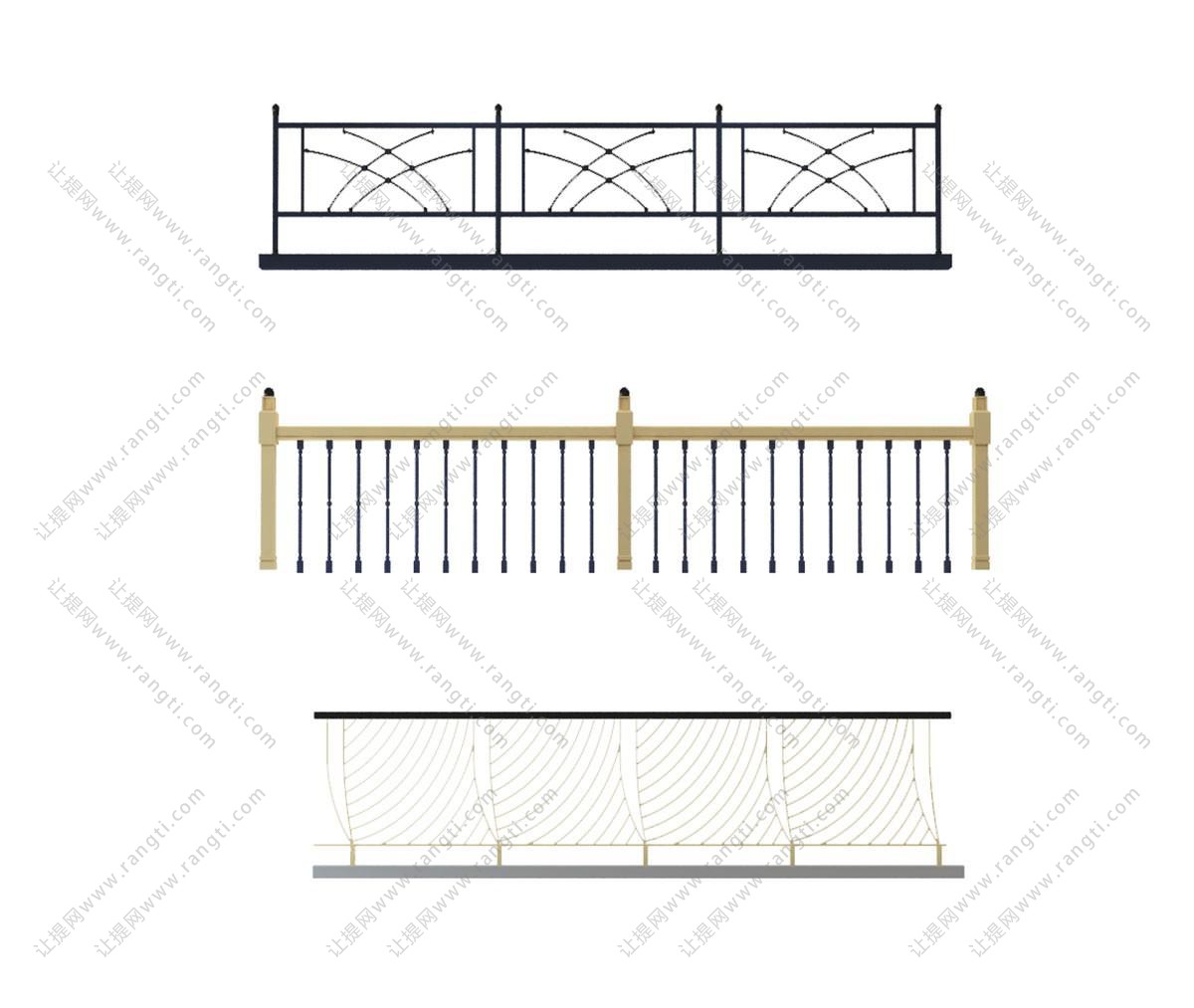 新中式铁艺斜纹理栏杆护栏3d模型下载