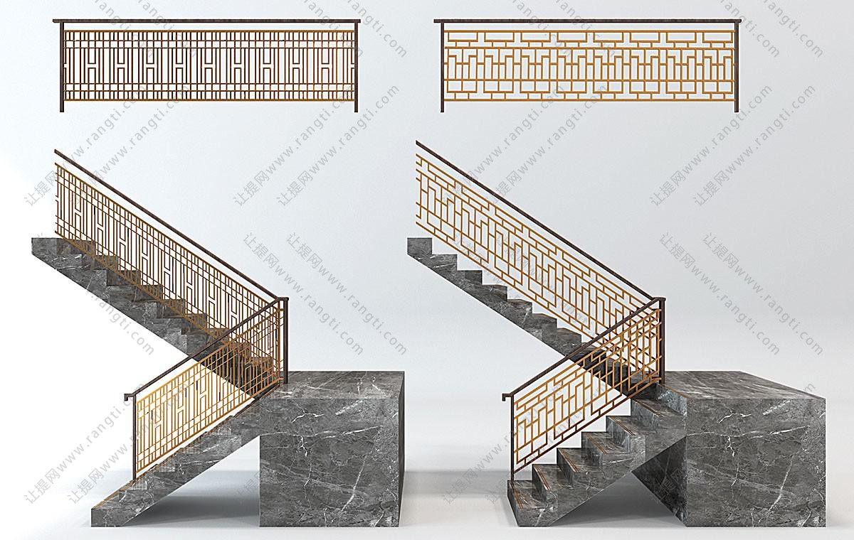新中式铁艺楼梯栏杆护栏3d模型下载