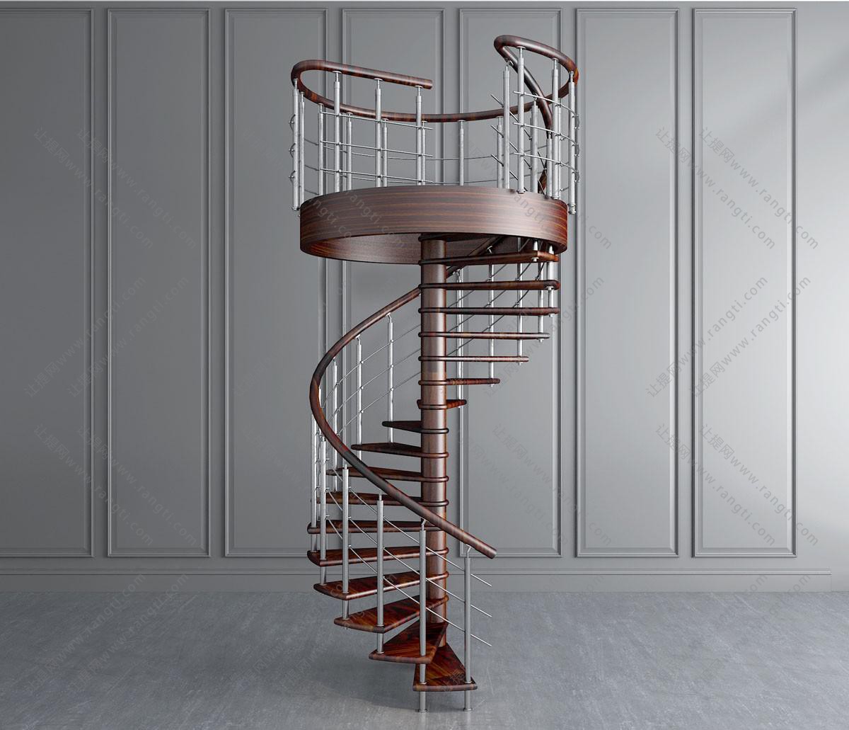 现代实木纹理的金属旋转楼梯3d模型下载_模型id:30046-让提网