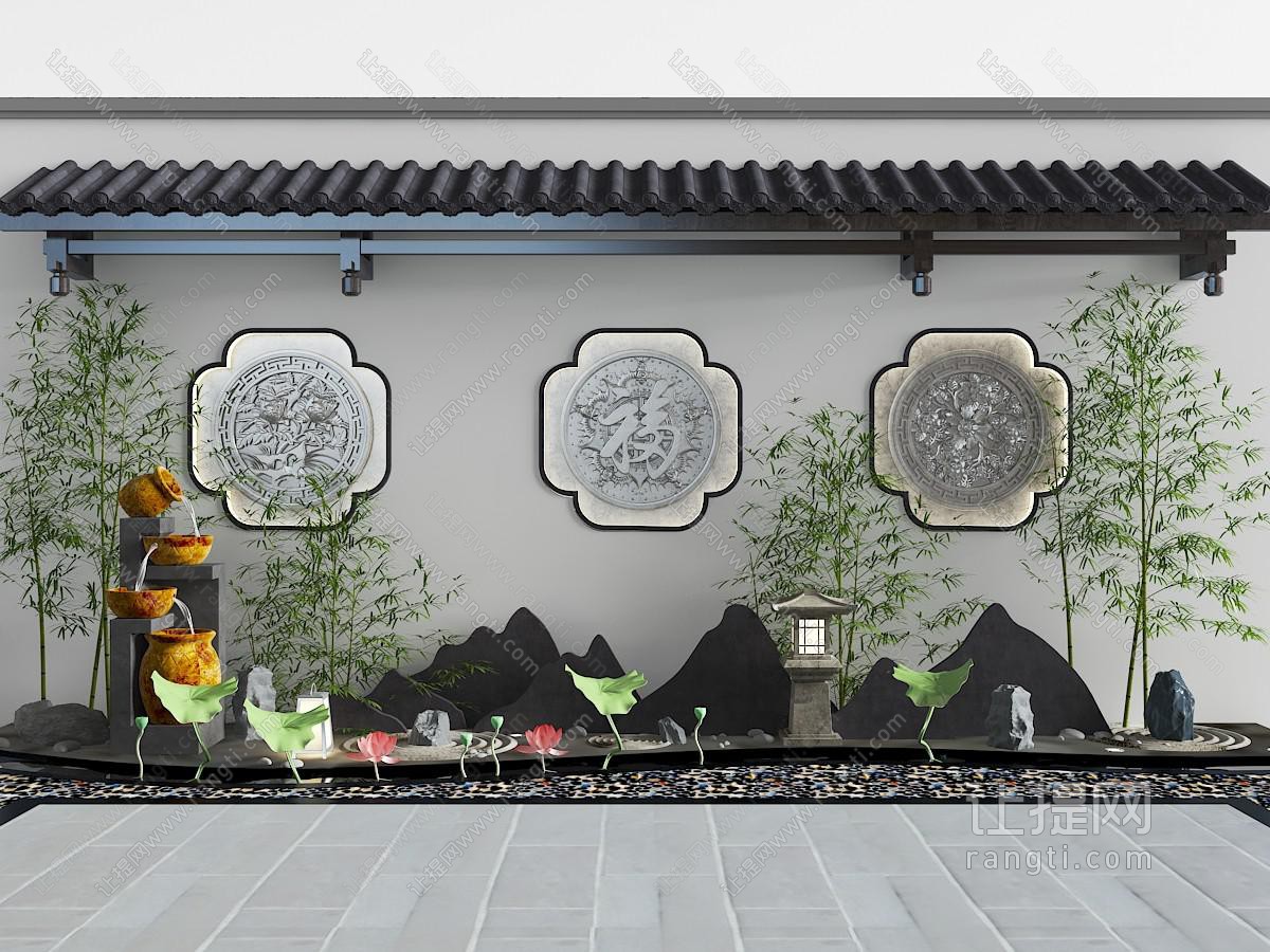 中式庭院背景墙和假山,喷泉,竹子园林景观3d模型下载