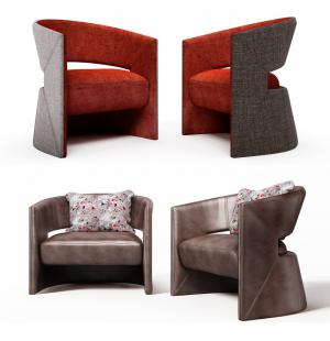 咖啡色皮纹和红色布纹组合单人沙发