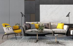 现代沙发、圆形茶几和沙发椅组合