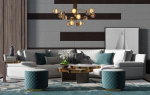 现代轻奢沙发、坐墩和茶几组合