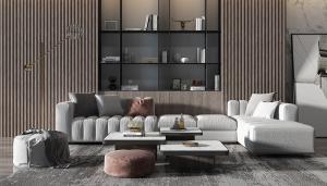 现代沙发、坐墩、茶几和书柜组合