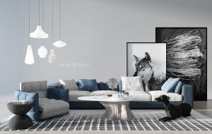 现代布艺沙发、木桩茶几和吊灯组合