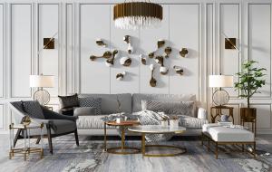 现代轻奢简欧沙发、茶几、墙饰挂件组合