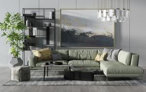 现代转角沙发、茶几、方形坐墩及吊灯组合