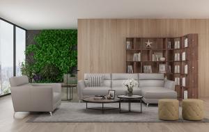 现代皮革沙发、茶几、圆形坐墩及书柜组合