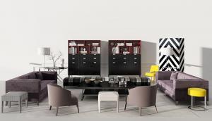 现代沙发、茶几、长方形坐墩及装饰柜组合