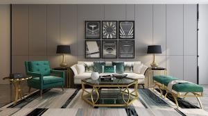 欧式沙发、休闲坐凳、茶几及台灯组合