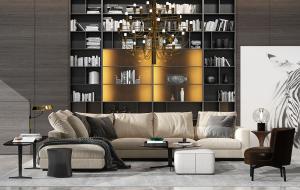 现代转角沙发、方形坐墩、茶几及吊灯组合