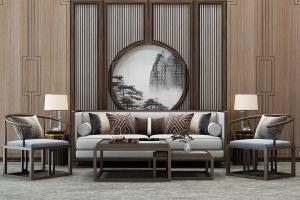 新中式沙发、太师椅、茶几及屏风隔断组合