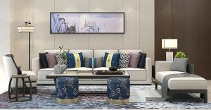 新中式布艺沙发、茶几及沙发凳组合