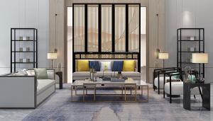 新中式沙发、圈椅、茶几及屏风隔断组合