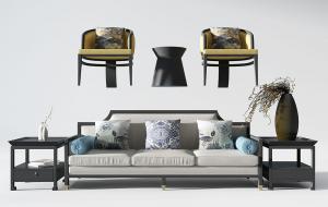 新中式三人沙发、沙发椅、方形和圆形边几组合