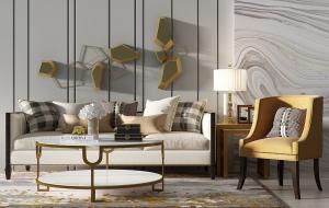 新中式多人沙发、茶几和美式沙发椅组合