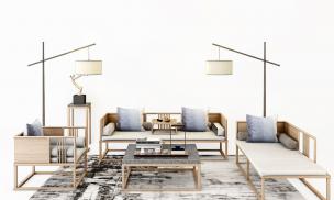 新中式沙发、茶几、地毯和台灯组合