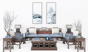 中式沙发、茶几、边几和台灯组合