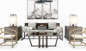 新中式沙发、茶几、圈椅和台灯组合