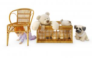 现代儿童藤编休闲椅、玩具娃娃组合