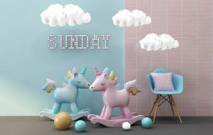 现代儿童木马摇椅、休闲椅、云朵吊灯组合