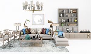 新中式沙发、茶几、边柜和台灯组合