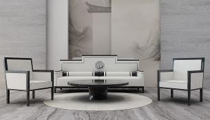 新中式沙发、茶几和沙发背景墙组合