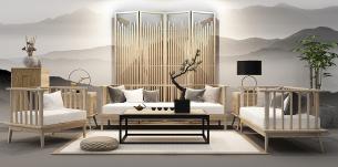 新中式沙发、茶几、休闲椅和台灯组合