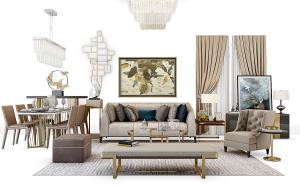 现代轻奢沙发、茶几、坐墩和台灯组合