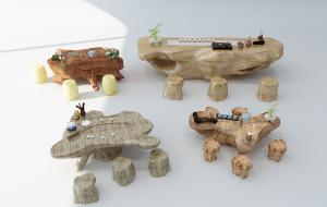 中式根雕茶海、茶桌和木桩坐墩组合