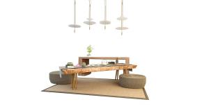 新中式原木茶桌、茶具和坐墩组合