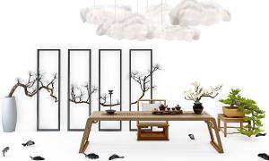 新中式茶案、盆景和椅子组合