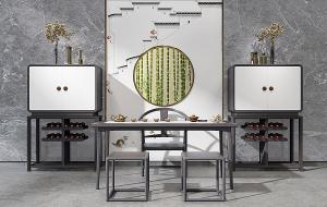 新中式茶桌、圈椅和装饰柜组合