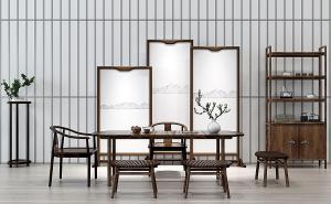 新中式茶桌椅、坐凳和装饰柜组合