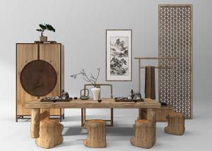 新中式茶桌椅、木桩坐墩和装饰柜组合