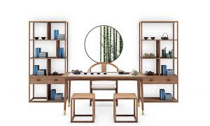 新中式茶案、圈椅、装饰架和坐凳组合