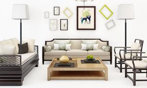 新中式沙发、茶几和落地灯组合